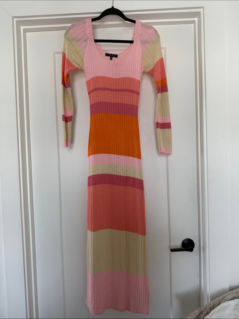Striped Long Sleeve Ribbed Maxi Dress in Pink & Orange
